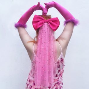 Hot pink Satin oversized Bow& beaded veil