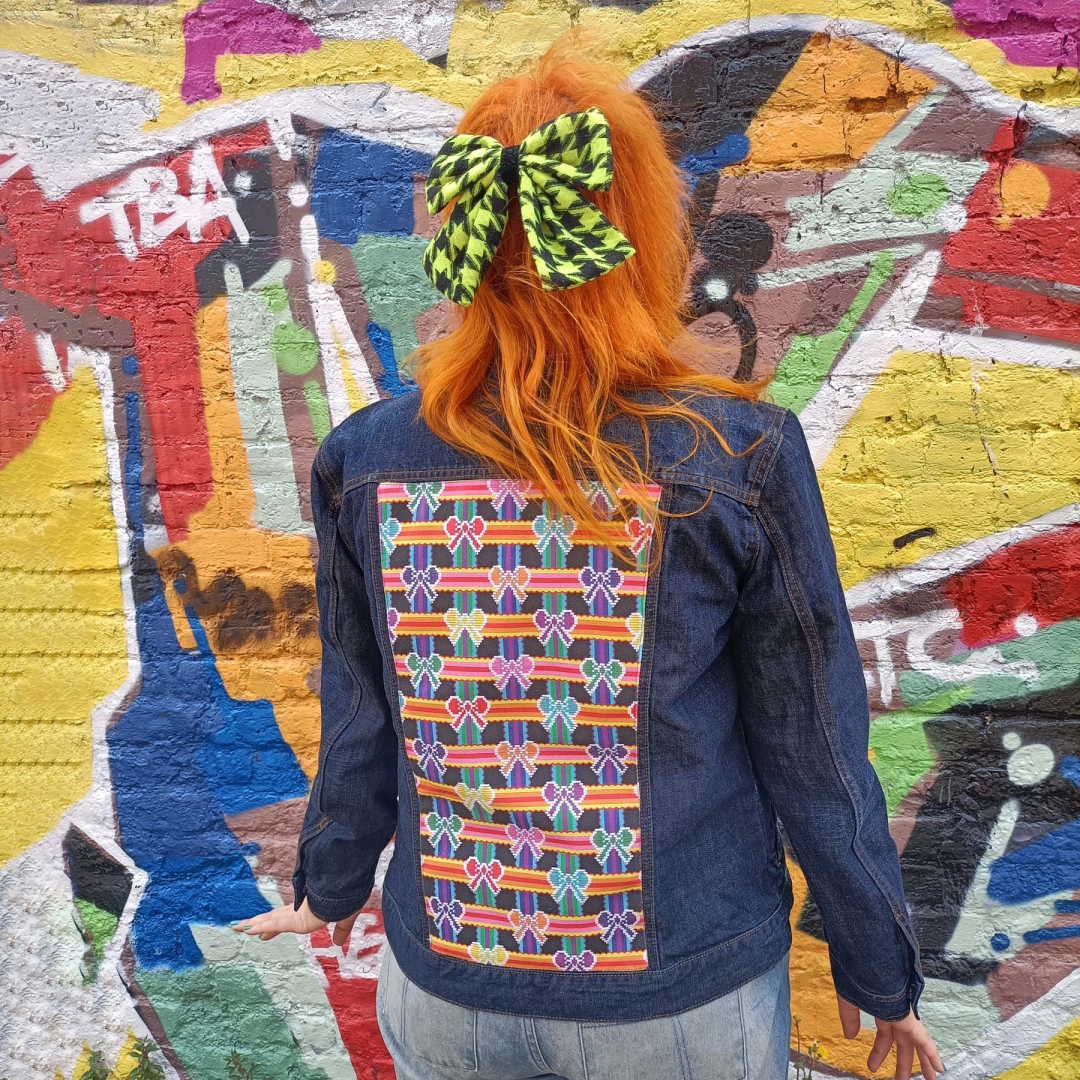 Upcycled Made to Order Denim Jacket – Eco Print – Bow Rainbow